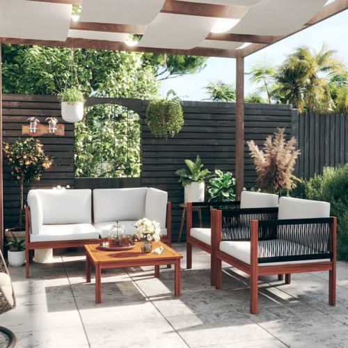 Gracie Oaks 5 Piece Patio Lounge Set with Cushions Cream Solid Acacia